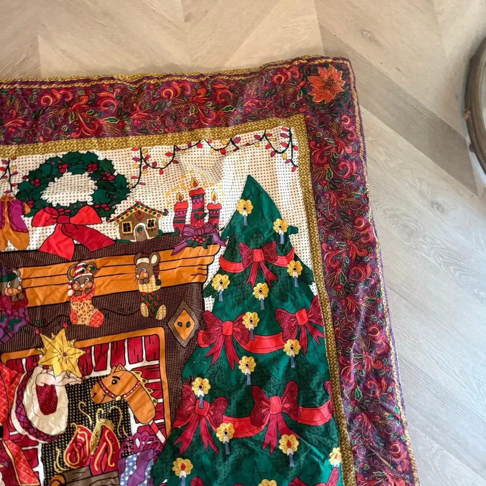 Christmas Quilt Blanket Santa Claus Tree Quilted Wall Hanging Light Grommets